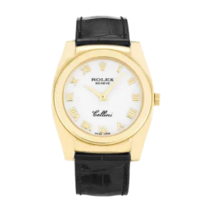 Rolex Cellini 1249344 Silver White | Leather, Black, Yellow gold | Alligator Leather | Double Bezel (Polished Domed & Fine Fluted)